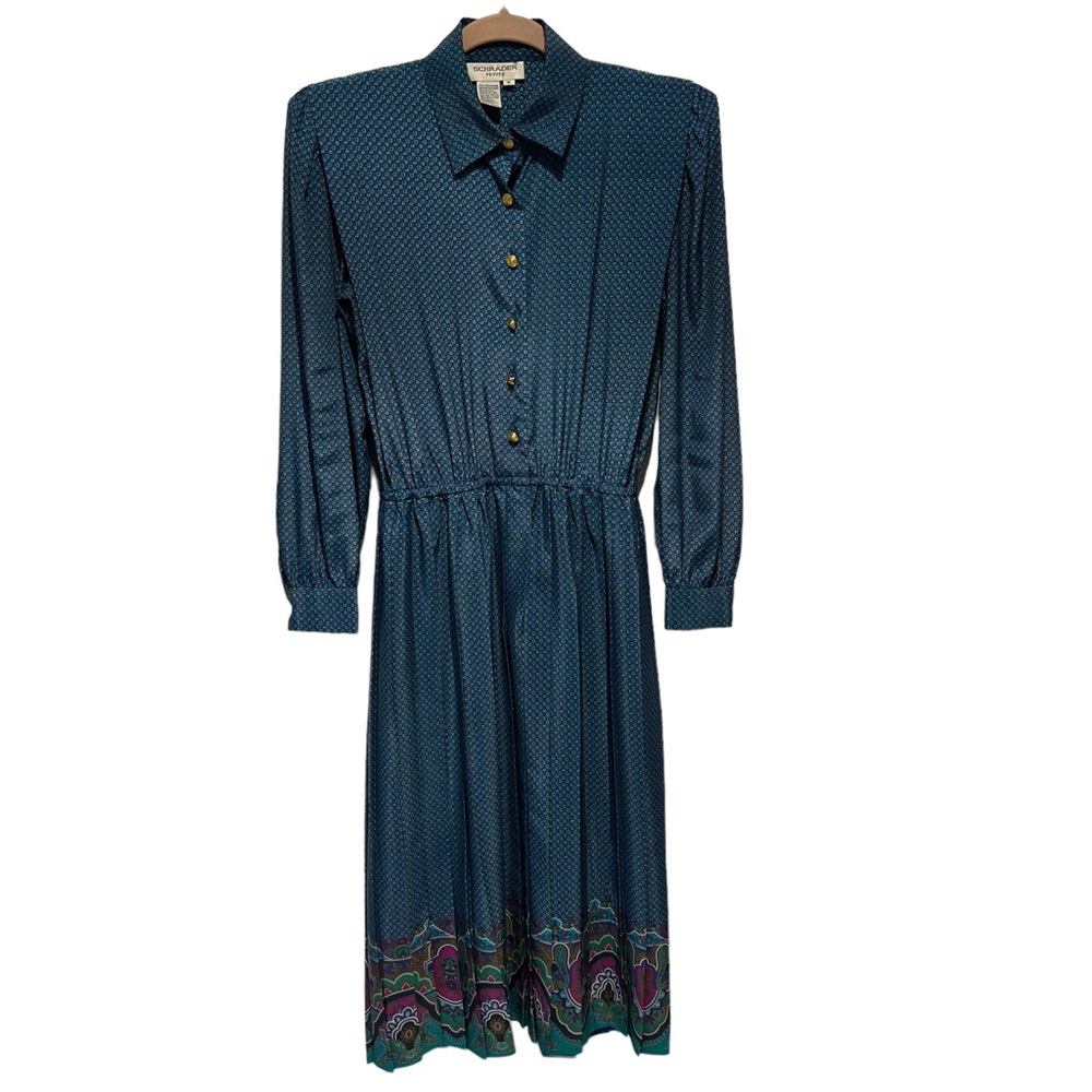 Vtg 80s Schrader Petite Floral Paisley Pleated Midi Dress Size 8